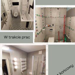 Emil Kliza - Emil robi Domy - Kolaż zdjęć prezentujący metamorfozę łazienki: stan przed rozpoczęciem prac z biało-czarną szachownicą na podłodze, etap w trakcie z widocznymi płytkami i poziomnicą laserową, oraz efekt końcowy...