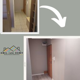 Emil Kliza - Emil robi Domy - Kolaż przedstawiający korytarz przed i po zmianach: stare płytki podłogowe zastąpione panelami, ściany pomalowane na jednolity kolor, usunięte stare meble.