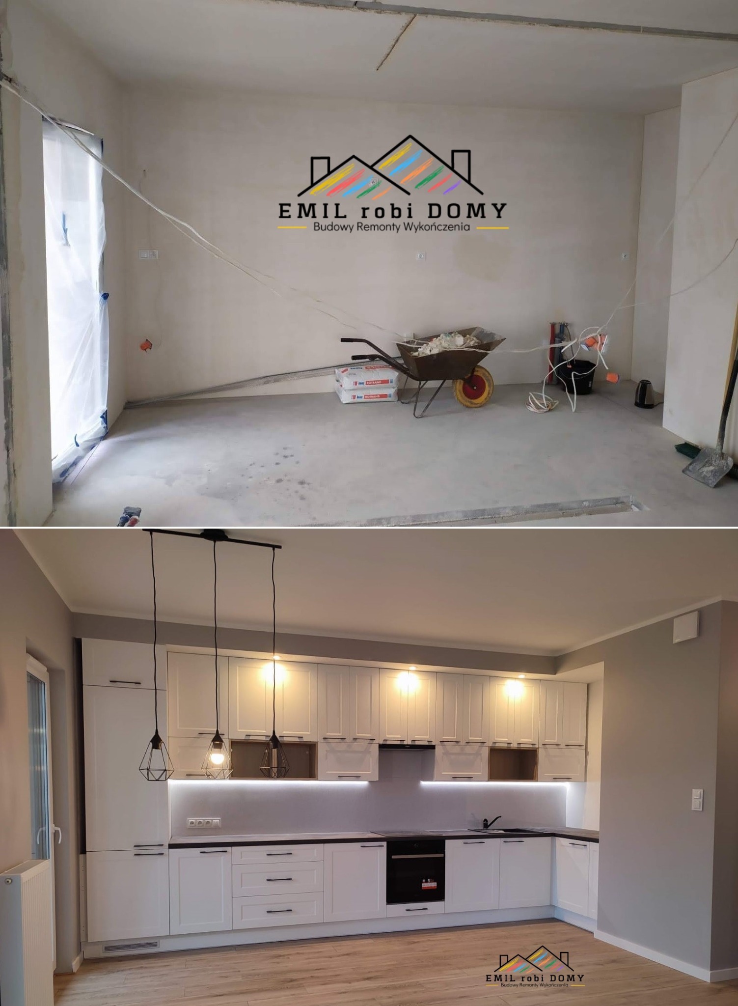 Porównanie stanu surowego i wykończonej kuchni: wózek z zaprawą, worki z klejem na tle nieotynkowanych ścian kontra biała zabudowa kuchenna z czarnym blatem, podświetleniem LED i wiszącymi lampami.