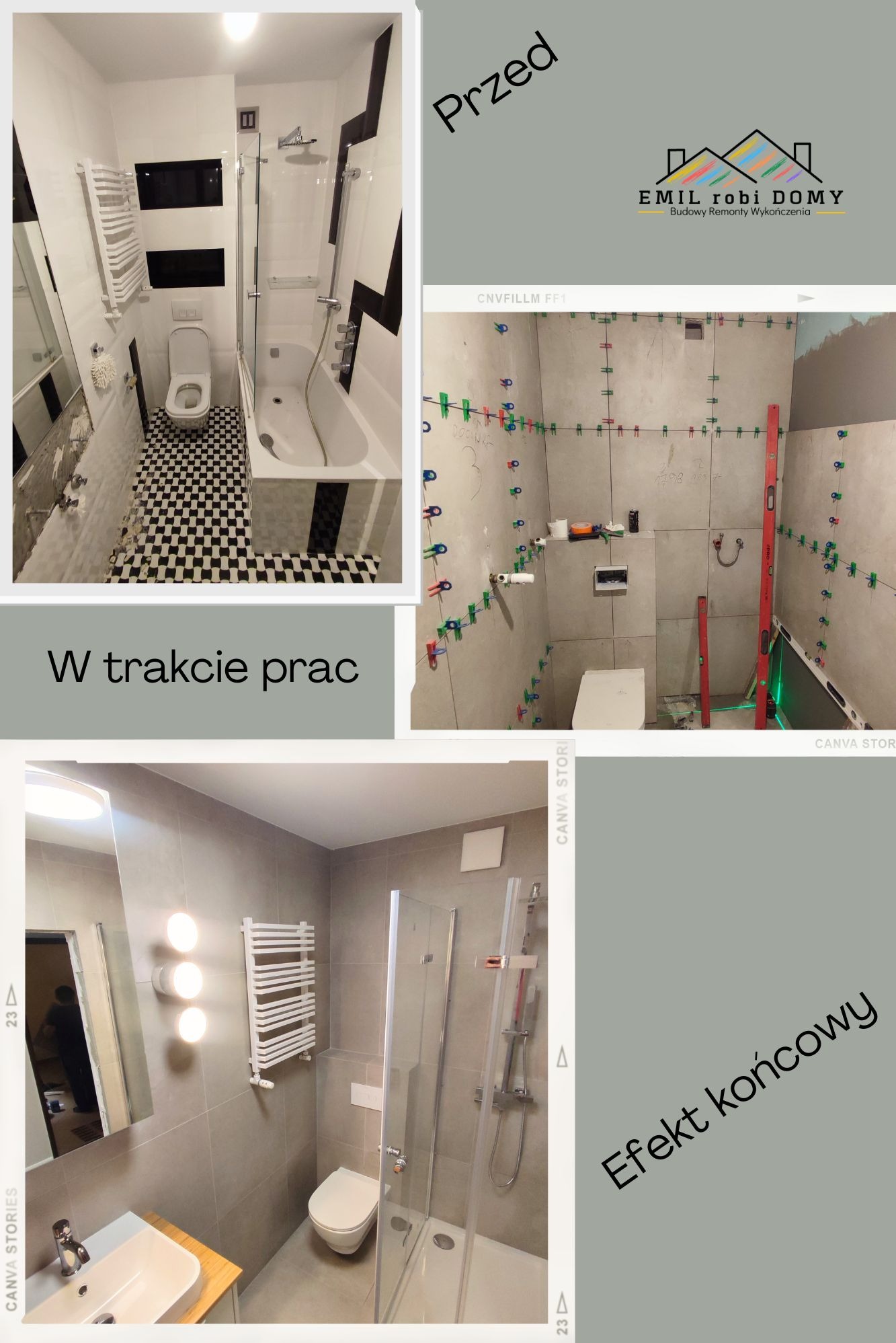 Kolaż zdjęć prezentujący metamorfozę łazienki: stan przed rozpoczęciem prac z biało-czarną szachownicą na podłodze, etap w trakcie z widocznymi płytkami i poziomnicą laserową, oraz efekt końcowy...