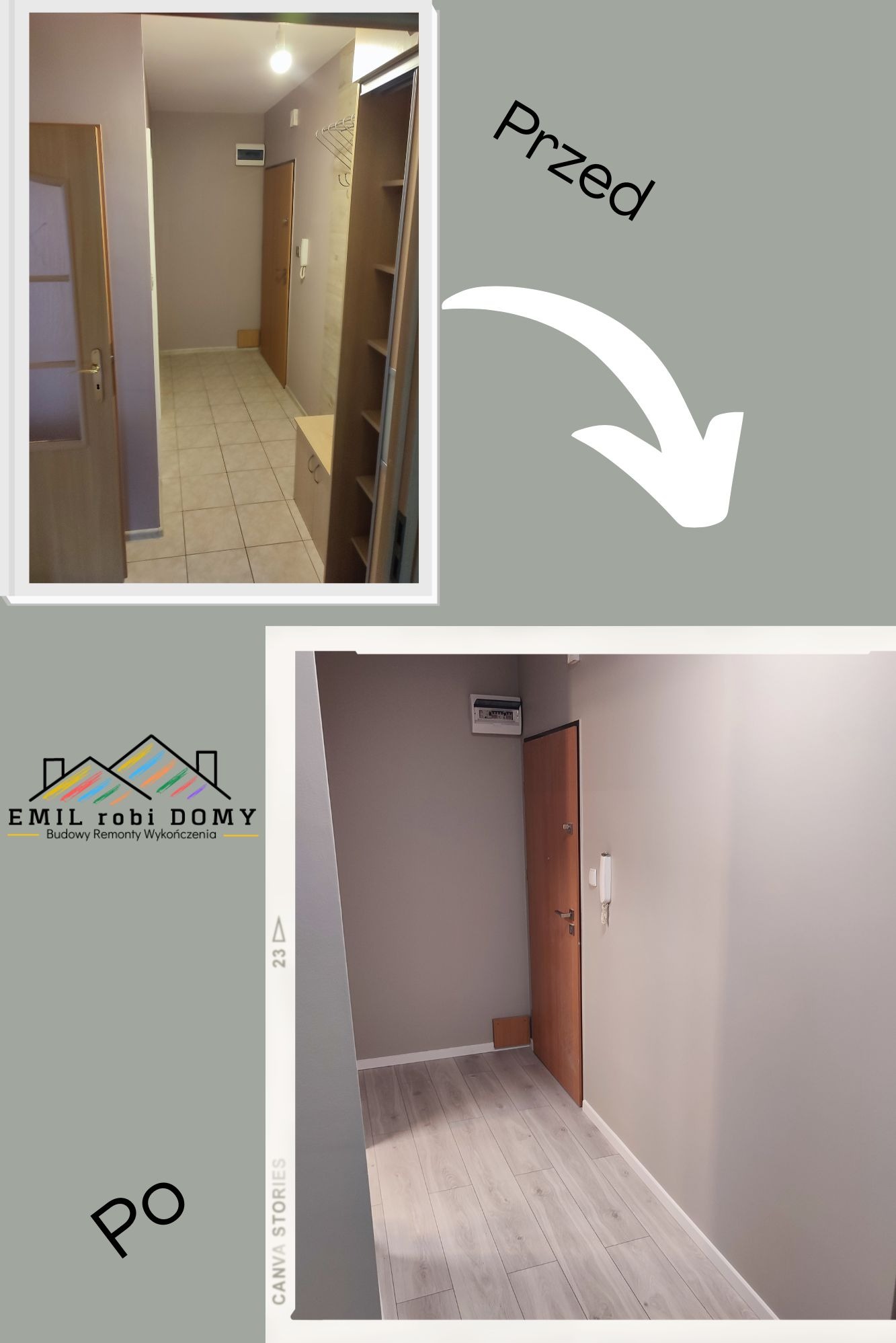 Kolaż przedstawiający korytarz przed i po zmianach: stare płytki podłogowe zastąpione panelami, ściany pomalowane na jednolity kolor, usunięte stare meble.