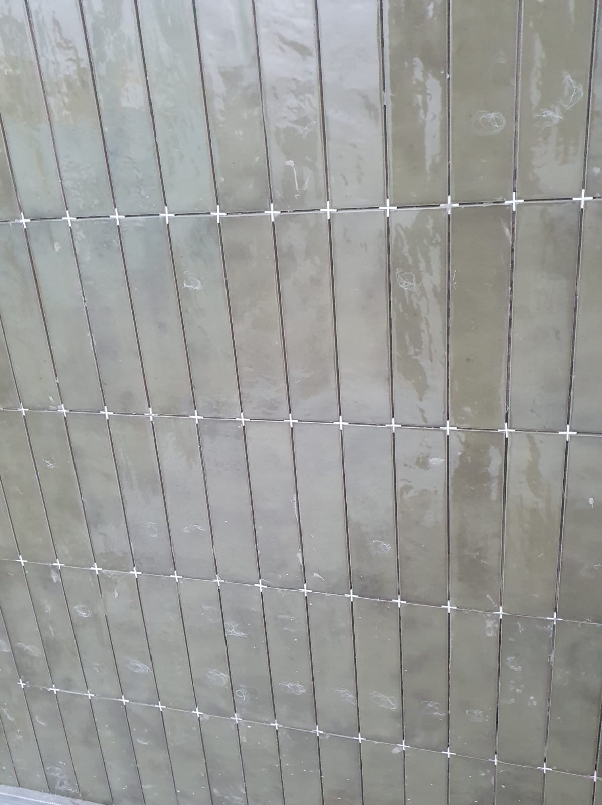 Świeżo ułożone, pionowe, błyszczące, oliwkowe płytki w wąskim formacie z krzyżykami dystansowymi, widoczne ślady po fugowaniu.