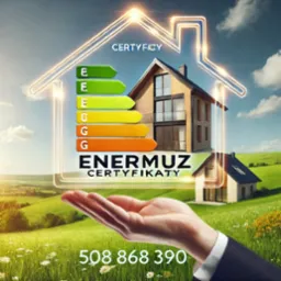 Grafika przedstawiająca dom z nałożonym wykresem efektywności energetycznej w formie certyfikatu, trzymana w dłoni na tle zielonego krajobrazu, z numerem telefonu na pierwszym planie.