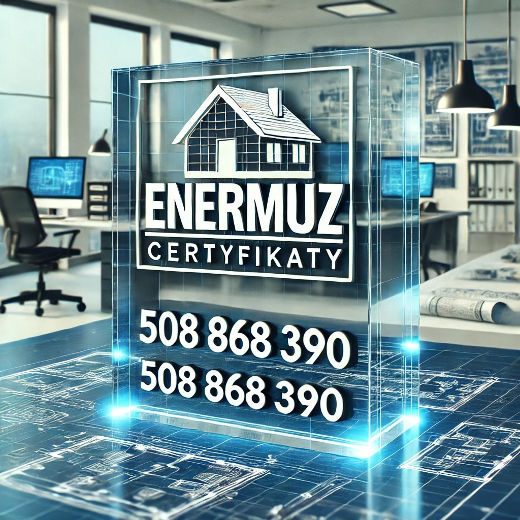 Szklana statuetka z logo firmy 'ENERMUZ CERTYFIKATY' i numerem telefonu na tle biura z planami architektonicznymi i komputerami.