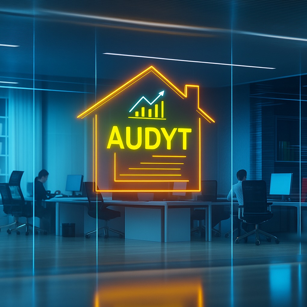 Neonowy znak 'AUDYT' w kształcie domu z wykresem wzrostu, widoczny w nowoczesnym biurze z pracownikami. Energooszczędność i audyt energetyczny.