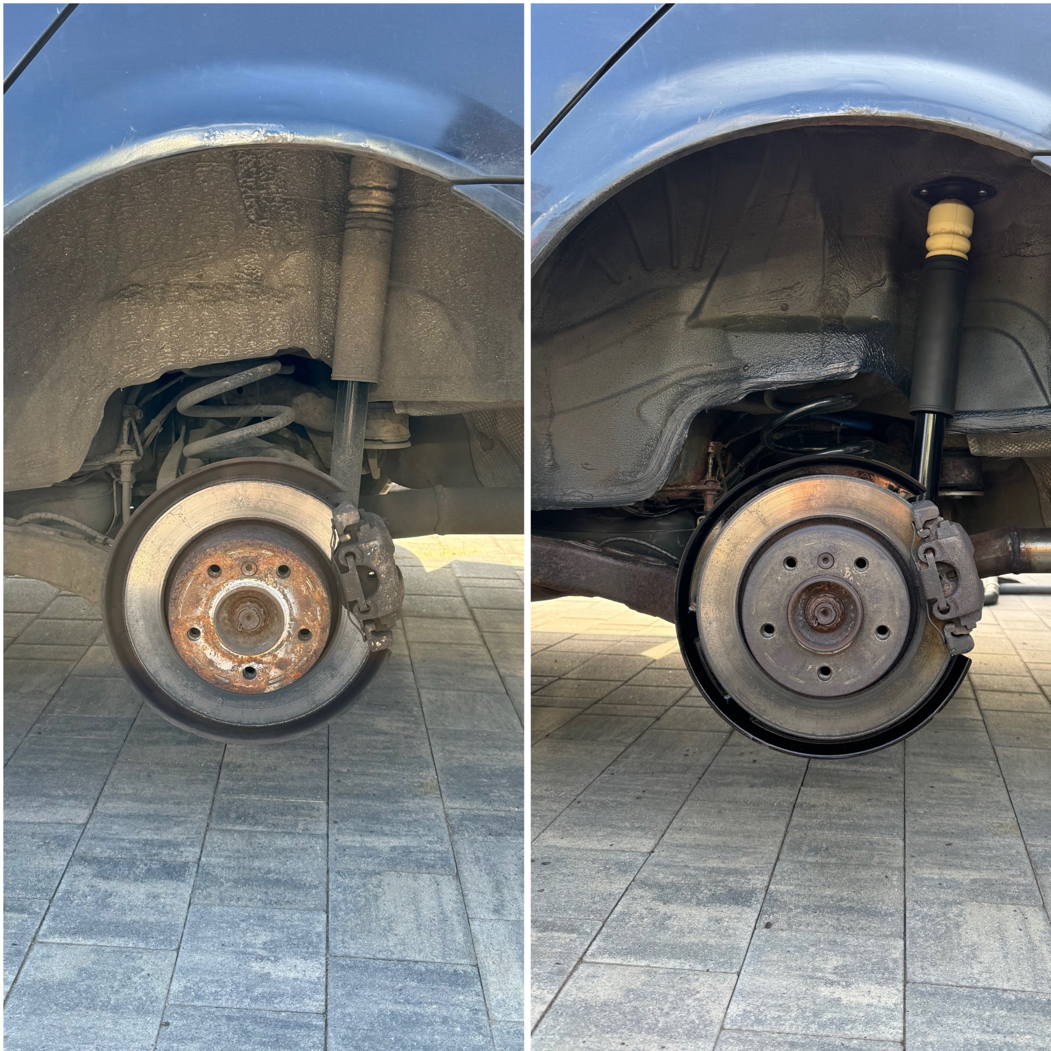 Porównanie stanu nadkola i tarczy hamulcowej przed i po czyszczeniu: po lewej brudne, z rdzą, po prawej wyczyszczone, z nową powłoką antykorozyjną.