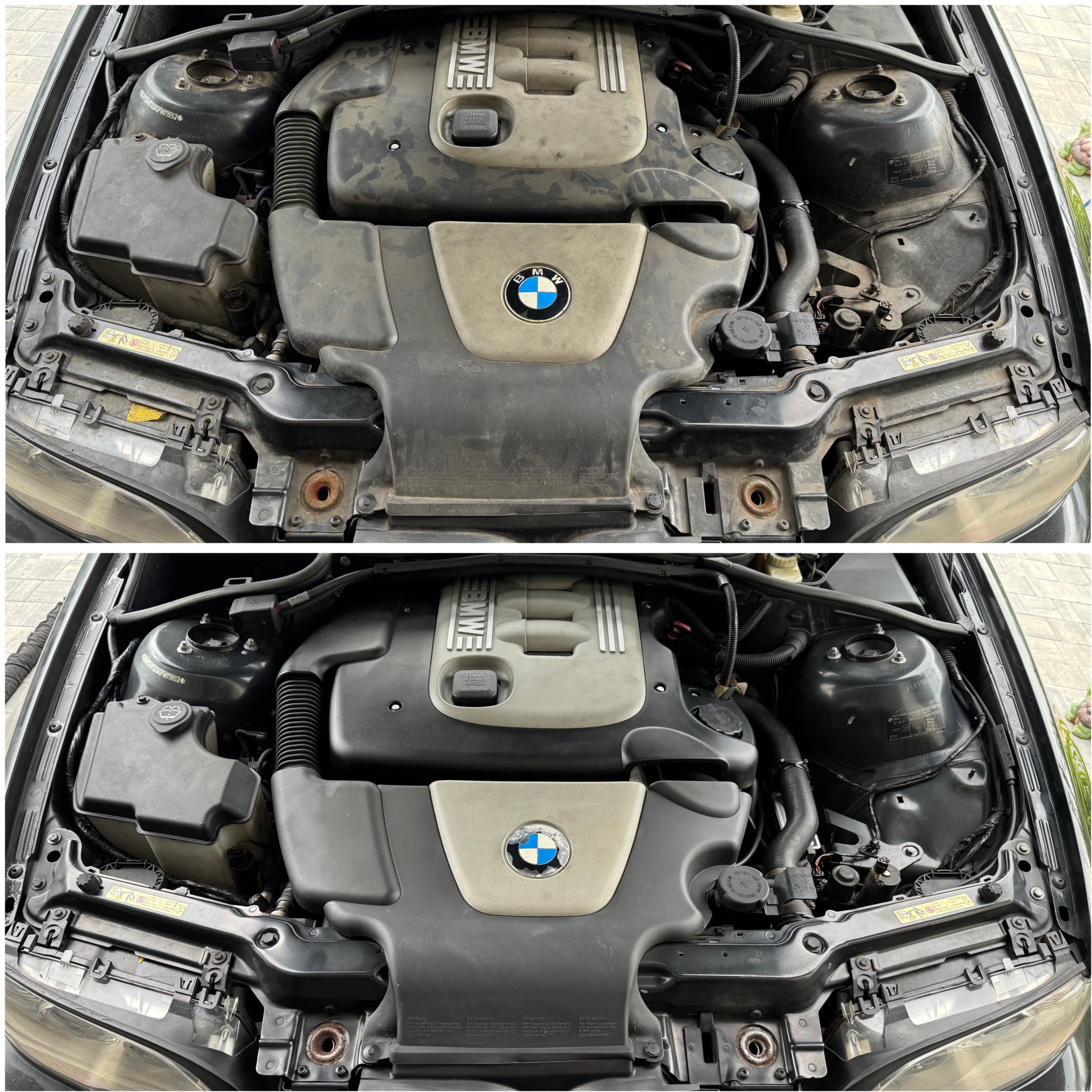 Silnik BMW przed i po czyszczeniu, widoczne różnice w usunięciu zabrudzeń, usługa wykonana w Poznaniu.
