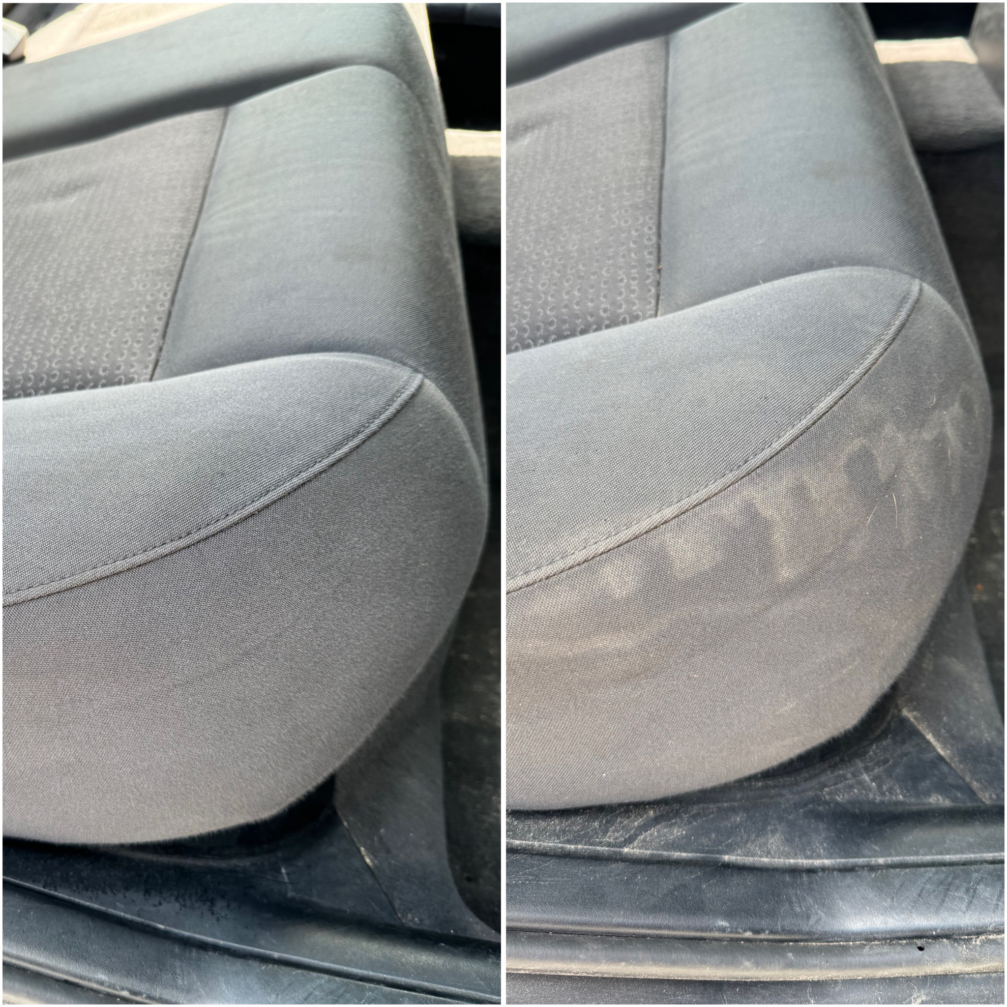 Porównanie fotela samochodowego przed i po czyszczeniu, widoczne wyraźne różnice w usunięciu zabrudzeń i plam na tapicerce.