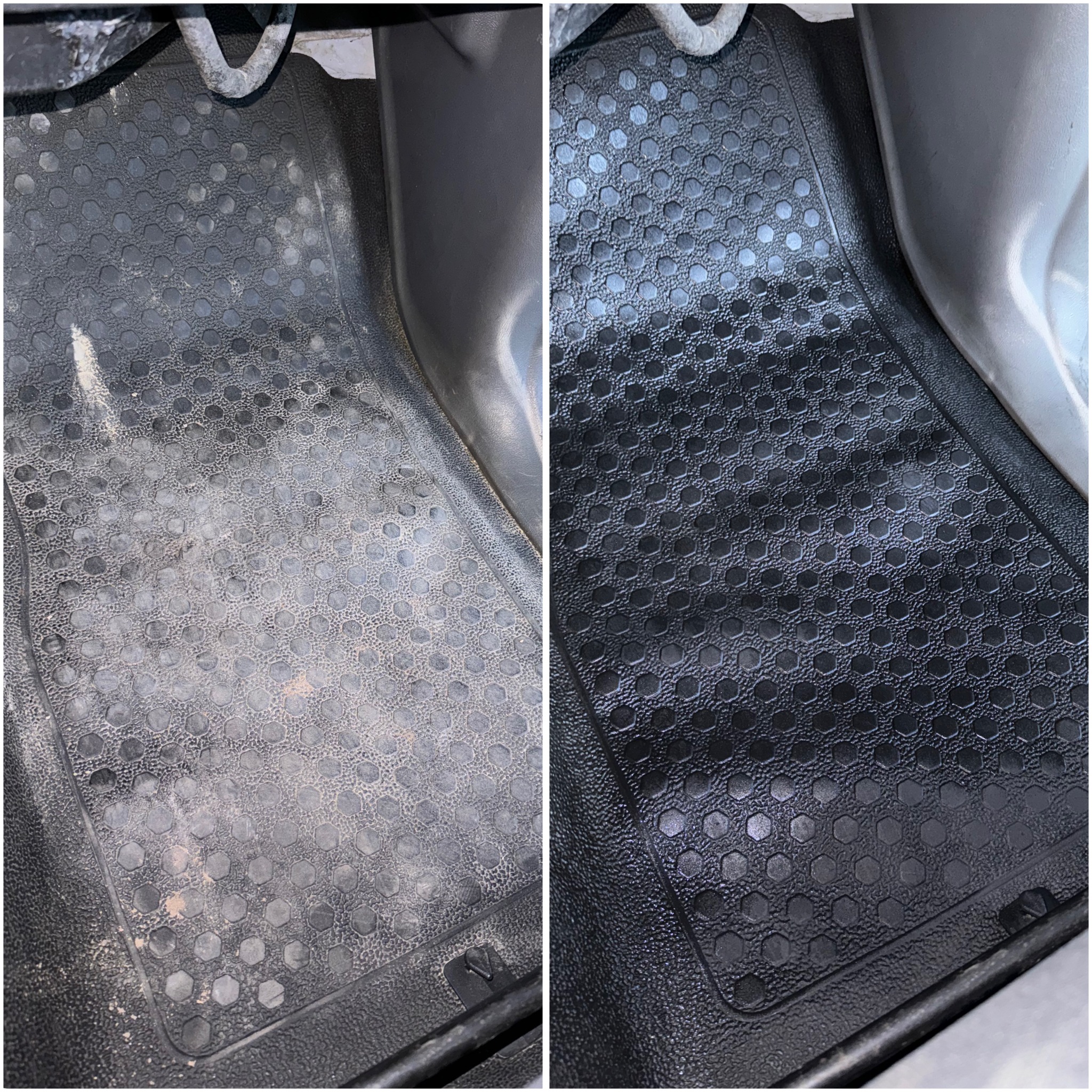 Dywanik samochodowy z gumy, widok przed i po czyszczeniu. Po lewej stronie zabrudzony, po prawej czysty z wyraźnym wzorem sześciokątnych wgłębień.
