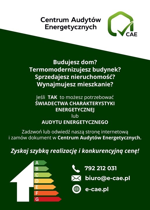 Grafika reklamowa firmy Centrum Audytów Energetycznych z logo CAE, pytaniami o budowę/sprzedaż/wynajem nieruchomości, informacją o potrzebie świadectwa charakterystyki energetycznej lub audytu...