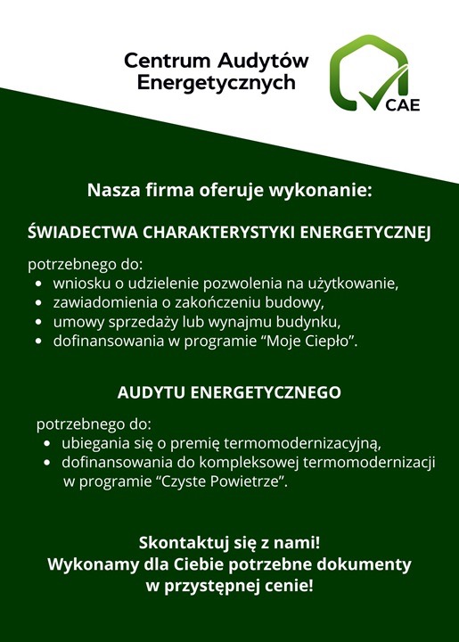Grafika reklamowa firmy Centrum Audytów Energetycznych oferującej wykonanie świadectw charakterystyki energetycznej i audytów energetycznych, potrzebnych m.in. do wniosków o dofinansowanie...