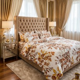 BERTAX Bereś Renata - Elegancka sypialnia w odcieniach beżu i złota. Łóżko z pikowanym zagłówkiem, pościel w liście, kryształowy żyrandol i lustrzane szafki nocne tworzą luksusowy klimat.