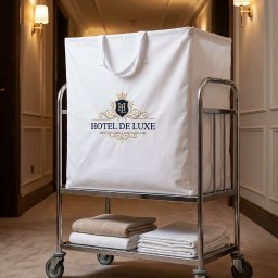 BERTAX Bereś Renata - Wózek hotelowy ze stali nierdzewnej z workiem na bieliznę z logo 'Hotel De Luxe', w eleganckim korytarzu z oświetleniem ściennym i stosem ręczników.