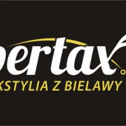 Logo firmy Bertax.pl z Bielawy, specjalizującej się w tekstyliach, na czarnym tle.