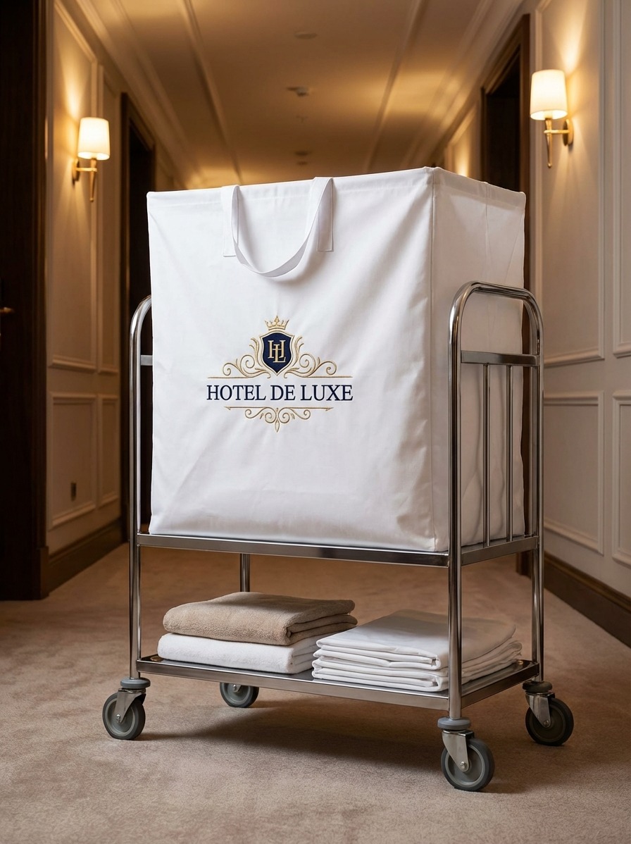 Wózek hotelowy ze stali nierdzewnej z workiem na bieliznę z logo 'Hotel De Luxe', w eleganckim korytarzu z oświetleniem ściennym i stosem ręczników.