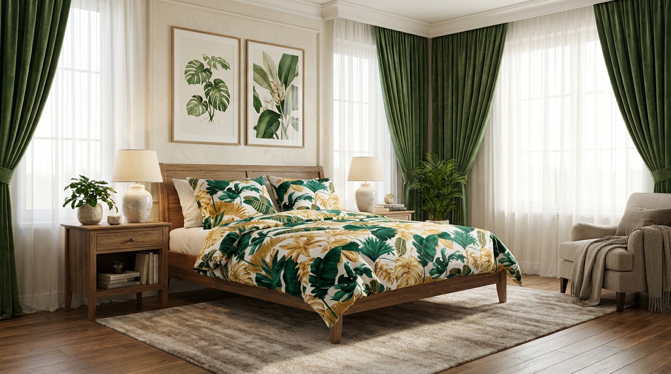 Sypialnia z drewnianym łóżkiem w pościeli z motywem roślinnym, zielone zasłony, dywan i stolik nocny z lampką. Wnętrze w stylu botanicznym, jasne i przytulne.