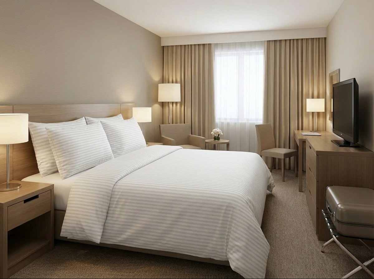 Eleganckie wnętrze pokoju hotelowego z łóżkiem w biało-szare pasy, stolikiem nocnym z lampką, biurkiem z telewizorem i krzesłami. Stonowana kolorystyka, beżowe ściany i zasłony.