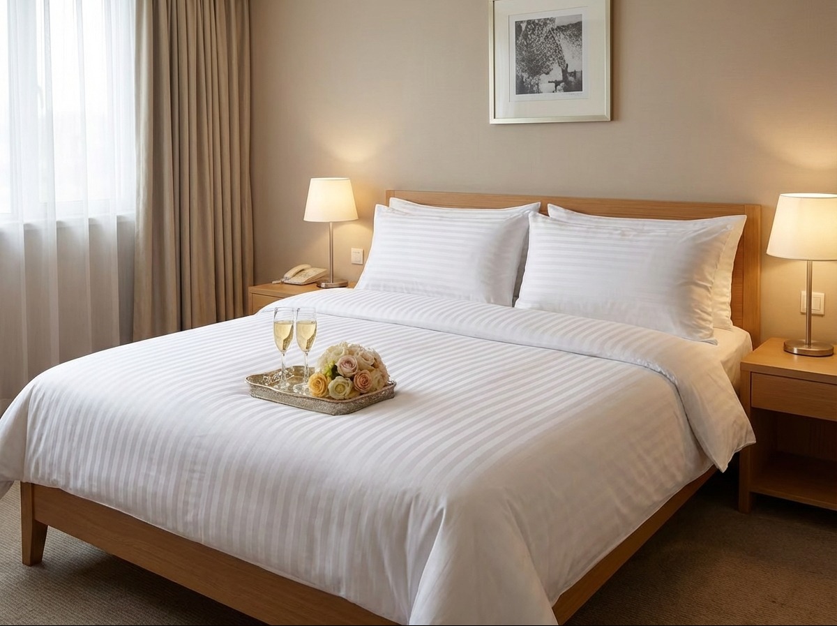 Eleganckie łóżko hotelowe z białą pościelą w paski, na srebrnej tacy szampan i kwiaty. Stonowana kolorystyka wnętrza, lampki nocne i obraz na ścianie.