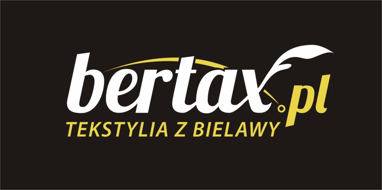 Logo firmy Bertax.pl z Bielawy, specjalizującej się w tekstyliach, na czarnym tle.