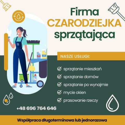 Grafika reklamowa firmy sprzątającej 'Czarodziejka' z listą oferowanych usług: sprzątanie mieszkań, domów, po wynajmie, mycie okien i prasowanie rzeczy, z ilustracją kobiety z wózkiem i środkami...