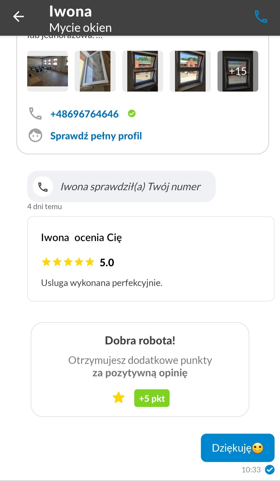 Zrzut ekranu z konwersacji dotyczącej mycia okien, zawierający numer telefonu, link do profilu, ocenę 5.0 z komentarzem 'Usługa wykonana perfekcyjnie' oraz podziękowanie za pozytywną opinię.