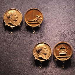 solian400 - Cztery brązowe medale pamiątkowe z wizerunkiem Napoleona i alegorycznymi scenami, ponumerowane od 1 do 4, prezentowane na ciemnym, teksturowanym tle.