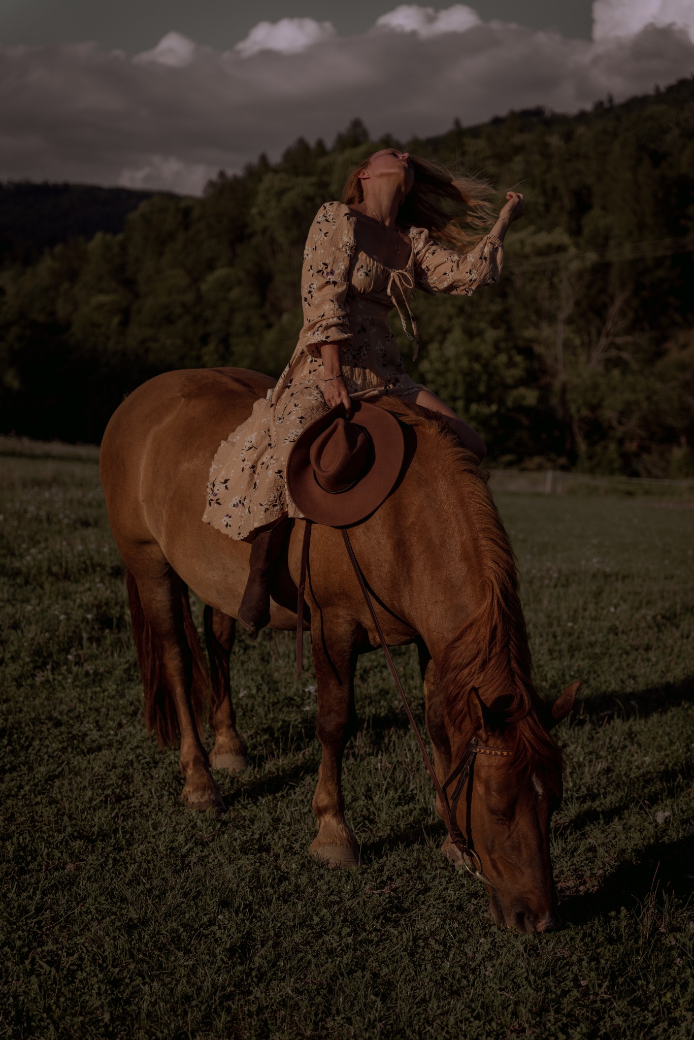 Kobieta w kwiecistej sukience siedzi okrakiem na brązowym koniu, który je trawę na łące, w tle zalesione wzgórza i pochmurne niebo.