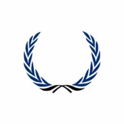 Niebieski wieniec laurowy z czarną wstążką na białym tle, symbol prawniczy lub dekoracyjny.