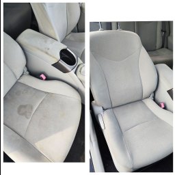 LunaClean - Porównanie: zabrudzony fotel samochodowy (po lewej) i ten sam fotel po czyszczeniu (po prawej). Widoczne plamy i przebarwienia na tapicerce przed czyszczeniem.