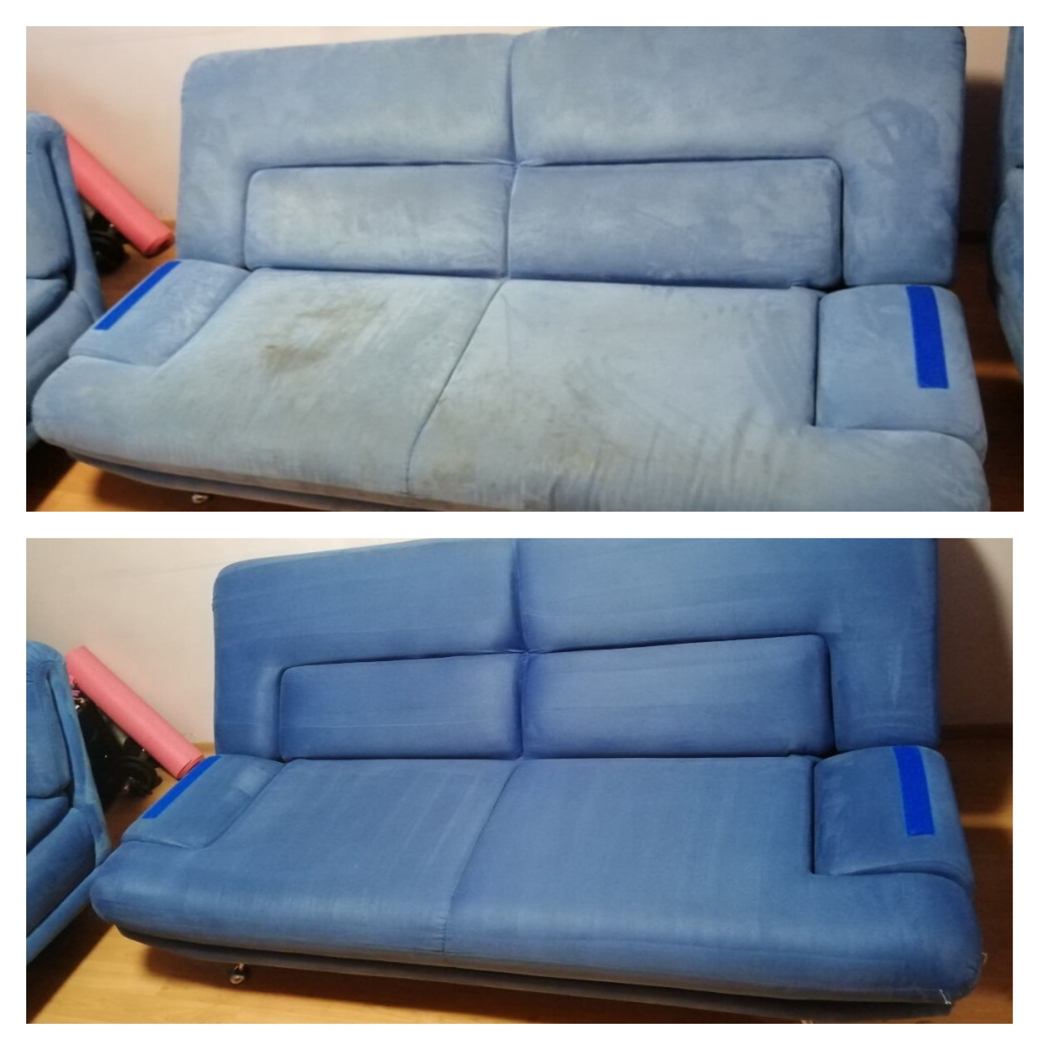 Porównanie stanu sofy przed i po czyszczeniu: widoczne różnice w kolorze i usunięcie plam na niebieskiej tapicerce.