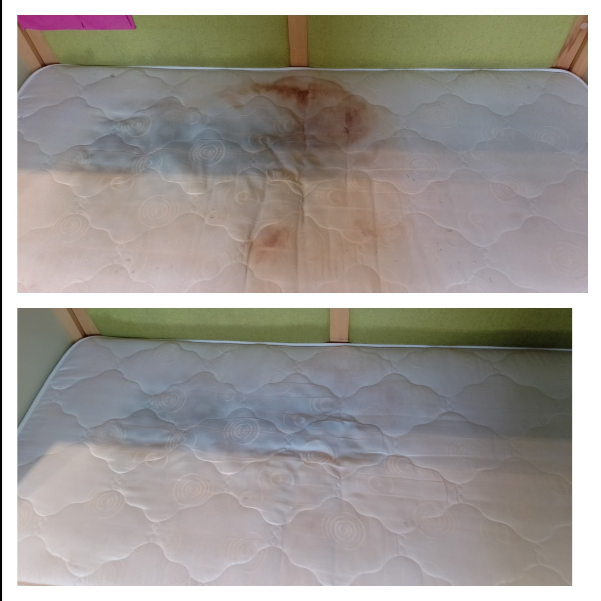 Materac z widocznym dużym brązowym przebarwieniem przed i po czyszczeniu, ukazujący skuteczność usługi prania materacy.