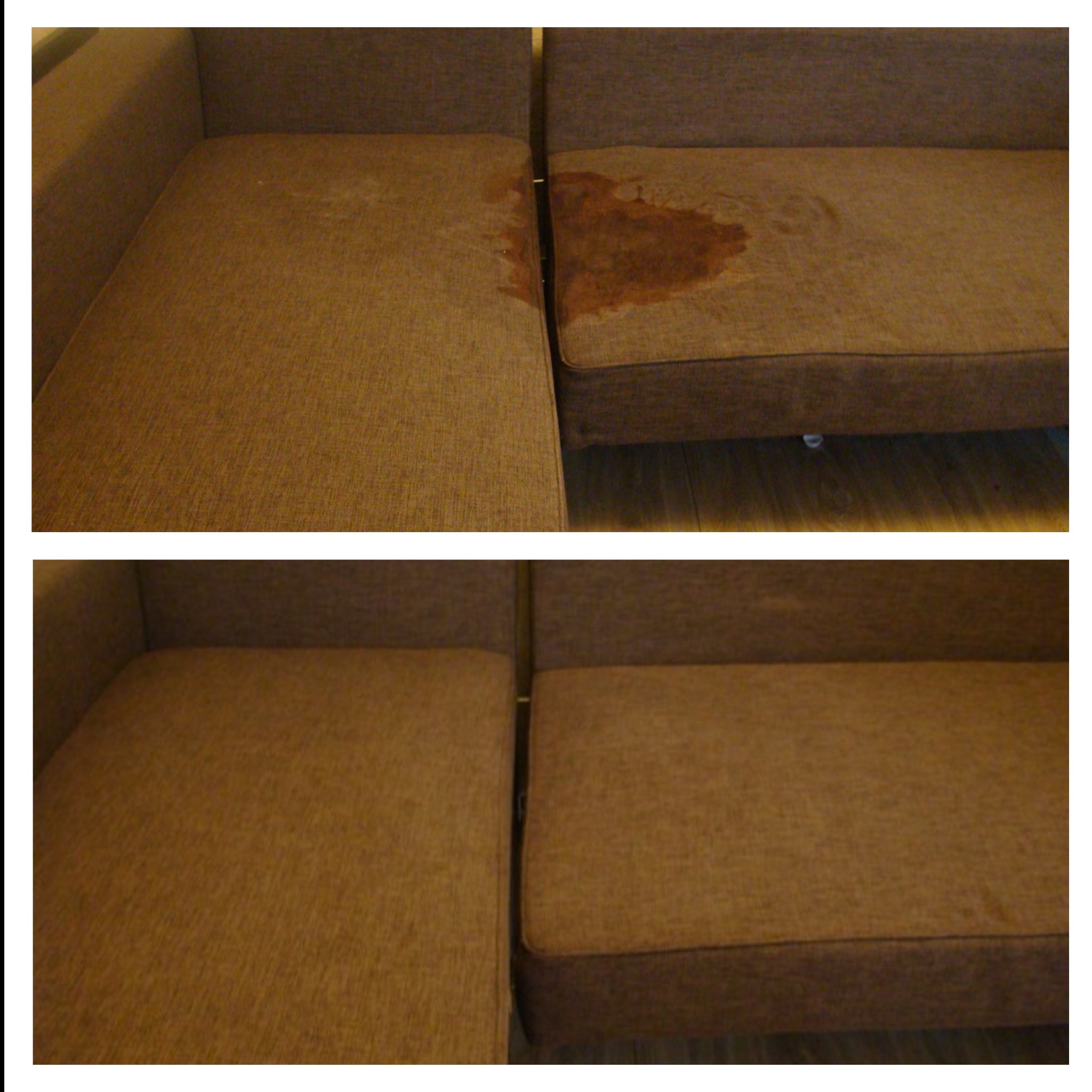 Dwuetapowe ujęcie brązowej kanapy: widoczna plama przed czyszczeniem i czysty materiał po zabiegu.