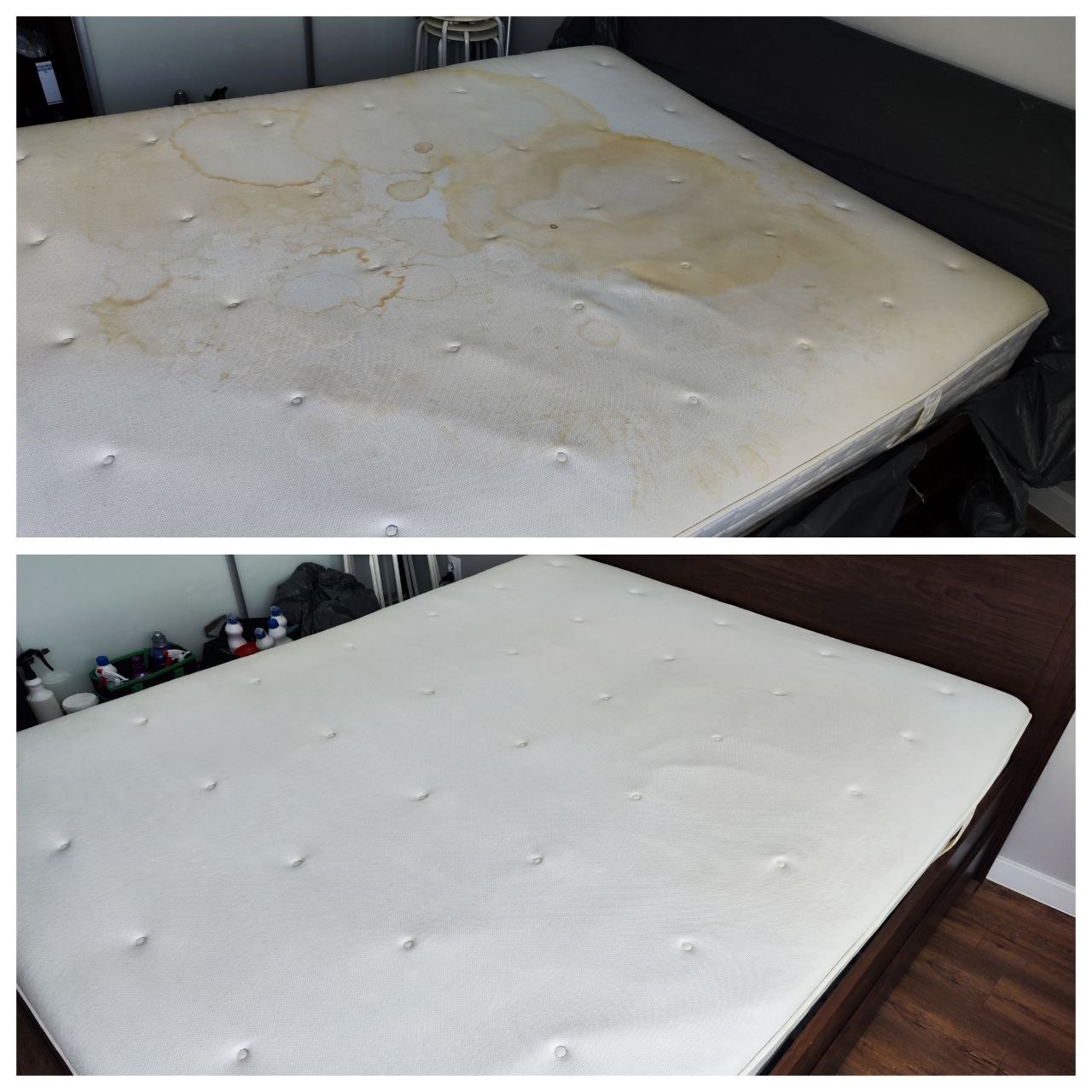 Materac z widocznymi plamami przed czyszczeniem i ten sam materac po czyszczeniu, leżący na drewnianym łóżku.