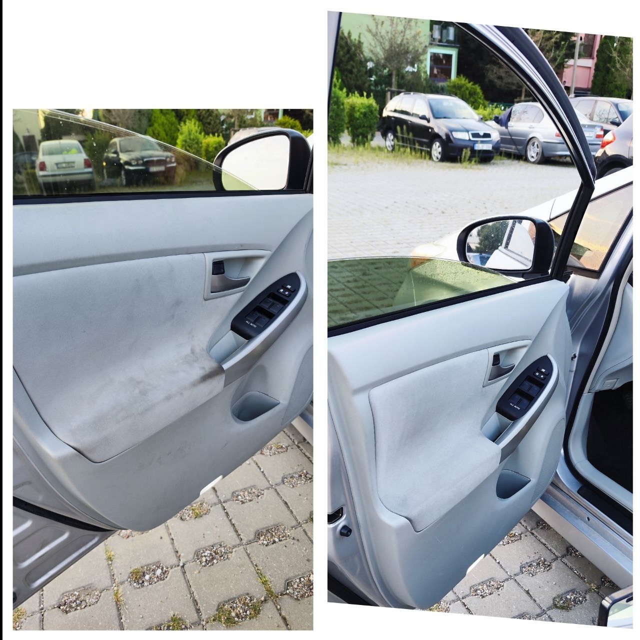 Porównanie: Wnętrze drzwi samochodu przed i po czyszczeniu tapicerki, widoczne wyraźne różnice w odcieniu i czystości materiału.