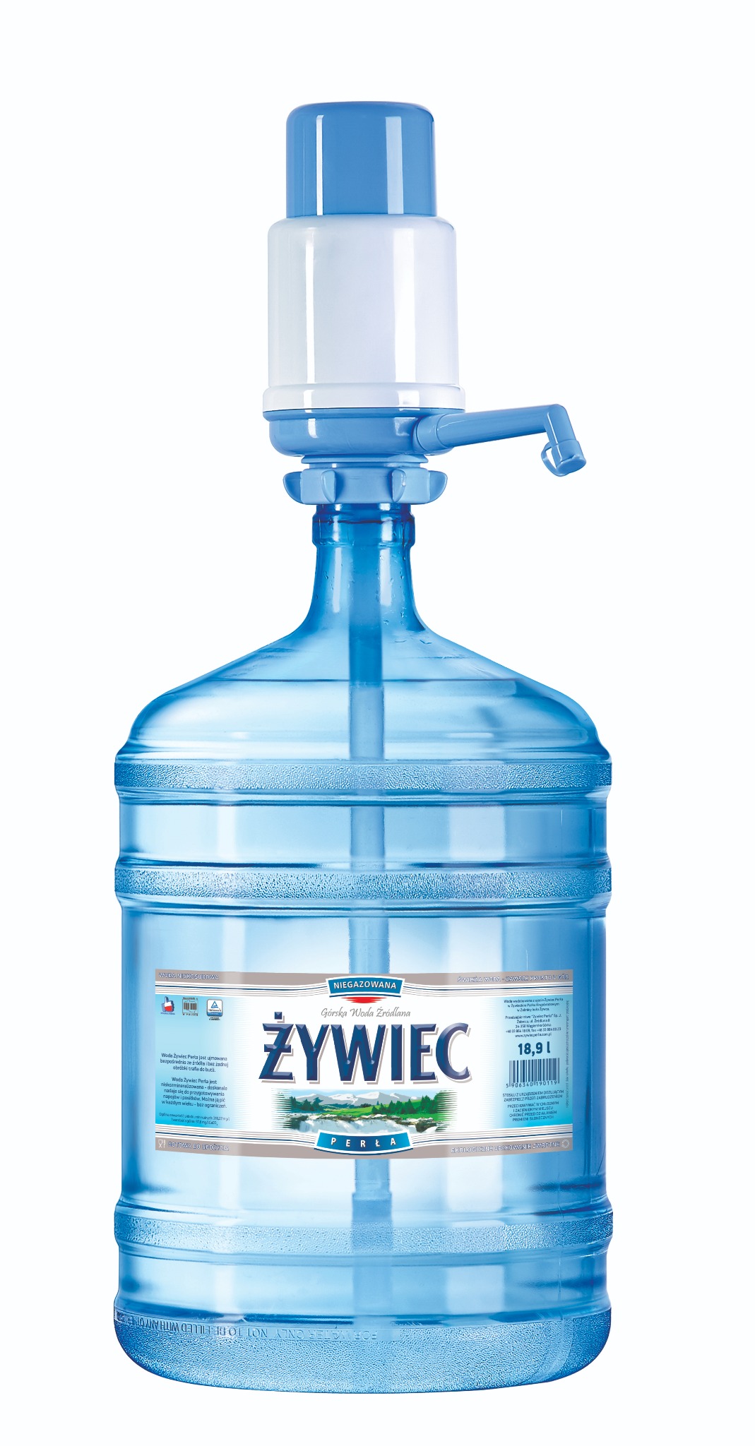 Butla 18,9l z wodą źródlaną Żywiec Perła z pompką ręczną, na białym tle.