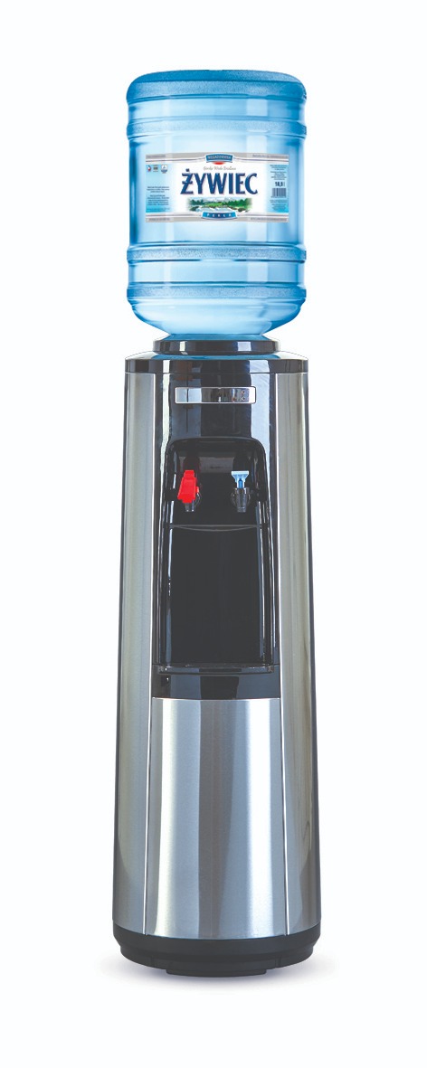 Dystrybutor wody marki Żywiec z butlą, srebrna obudowa, widoczne krany do wody zimnej i gorącej.