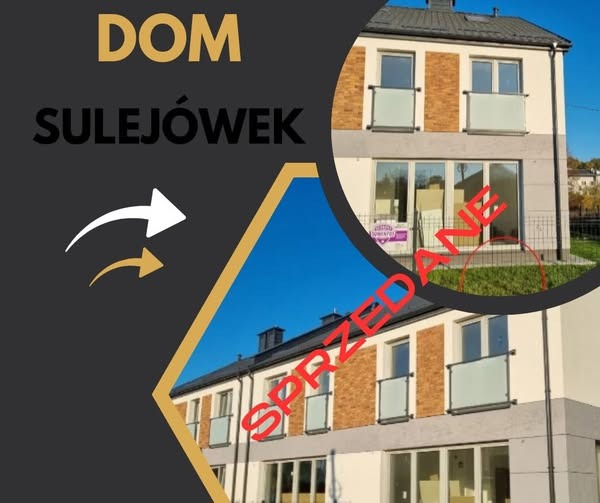 Dom w Sulejówku na sprzedaż, grafika z dwoma budynkami i napisem 'Sprzedane' na tle błękitnego nieba.