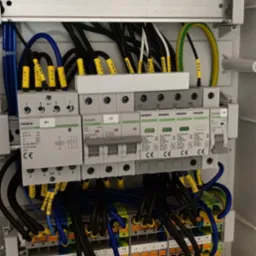 Szczegółowe ujęcie rozdzielnicy elektrycznej z widocznymi przewodami oznaczonymi żółtymi etykietami, zabezpieczeniami NOARK i listwami zaciskowymi w kolorach niebieskim, żółtym i pomarańczowym.