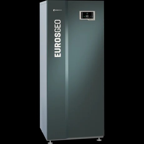 Szara jednostka EuroGeo z wyświetlaczem wskazującym 45 stopni, umieszczona na czterech małych nóżkach, na czarnym tle.