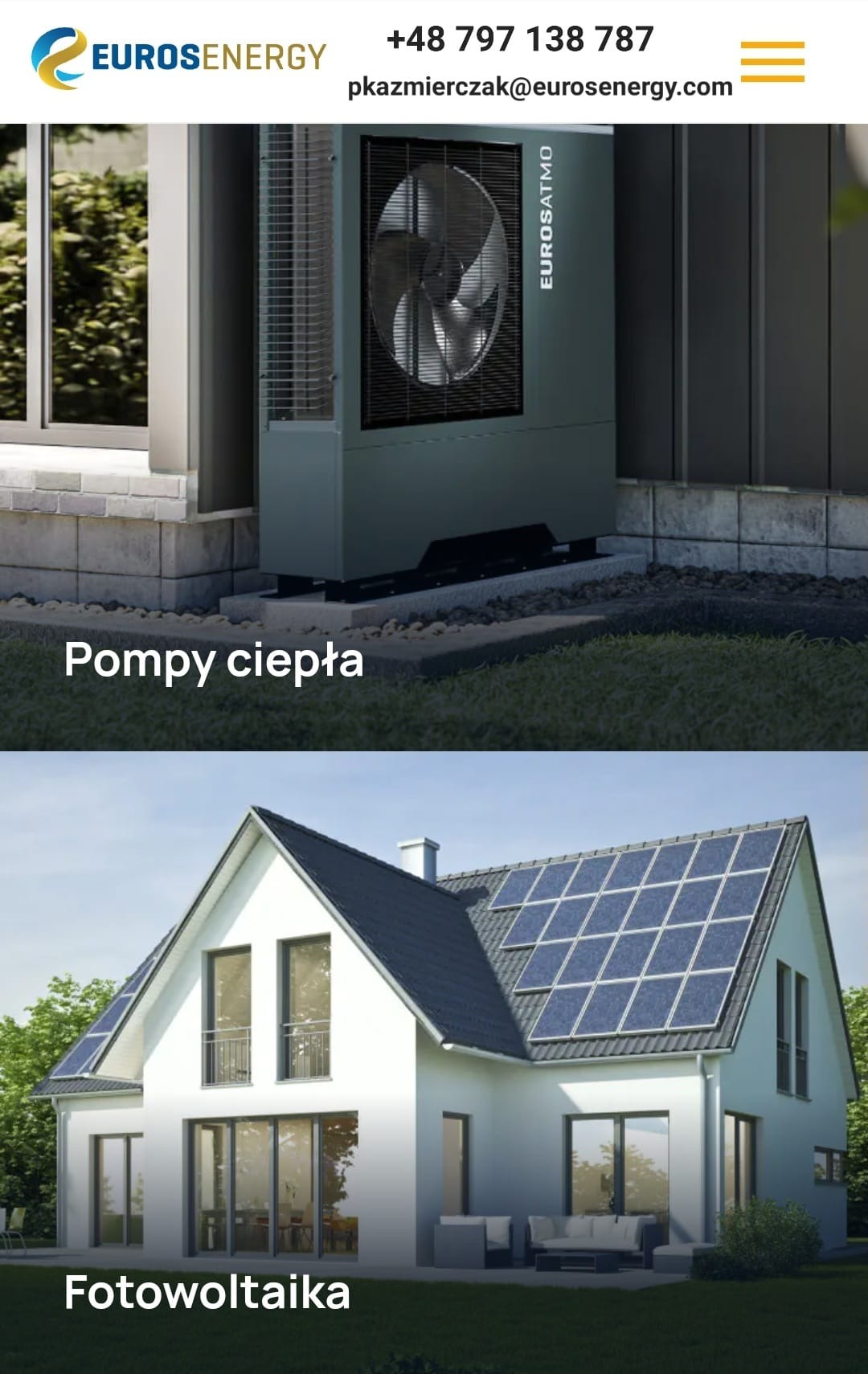 Dwu-segmentowe ujęcie: górna część przedstawia zewnętrzną jednostkę grzewczą z wentylatorem obok budynku, dolna część ukazuje dom z panelami słonecznymi na dachu.