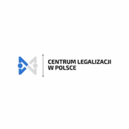 Logo firmy Centrum Legalizacji w Polsce z abstrakcyjnym symbolem w kolorach niebieskim i szarym.