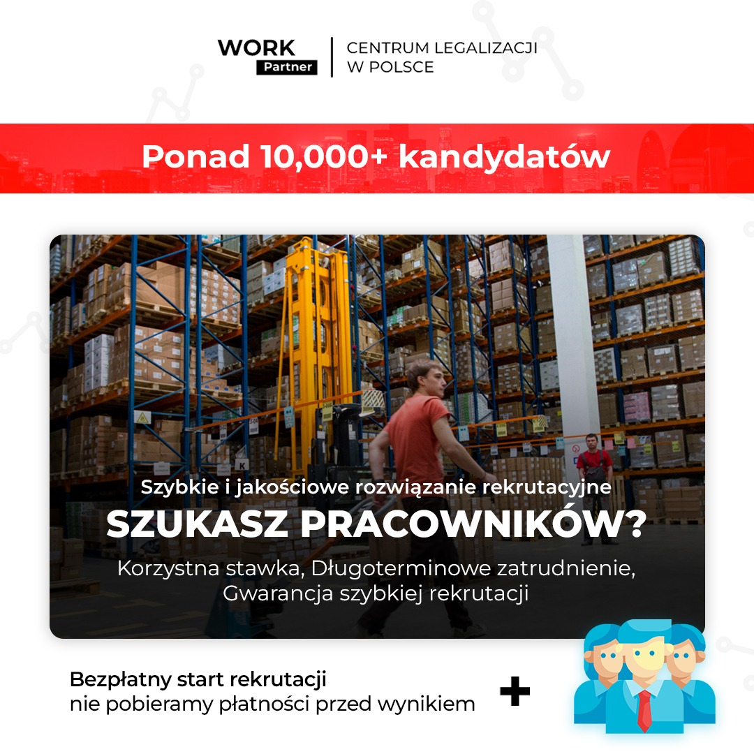 Reklama agencji rekrutacyjnej: magazyn z pracownikami, hasło 'Szukasz pracowników?', obietnica szybkiej rekrutacji i bezpłatnego startu.