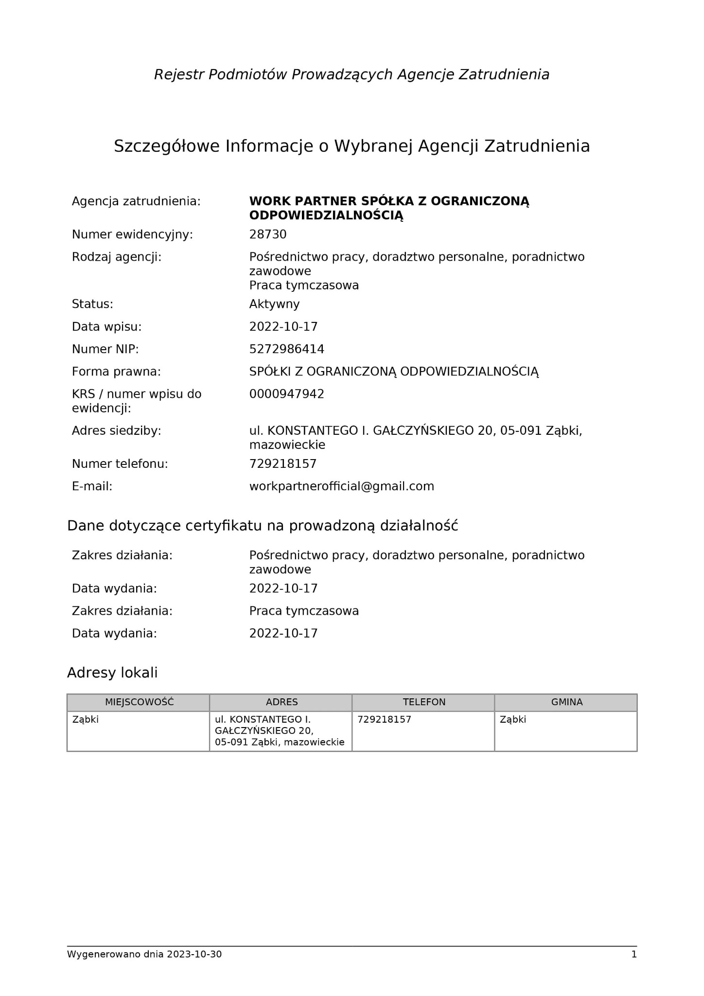 Skan dokumentu z rejestru agencji zatrudnienia, zawierający szczegółowe informacje o firmie Work Partner Spółka z Ograniczoną Odpowiedzialnością, w tym adres, numer telefonu, adres e-mail...