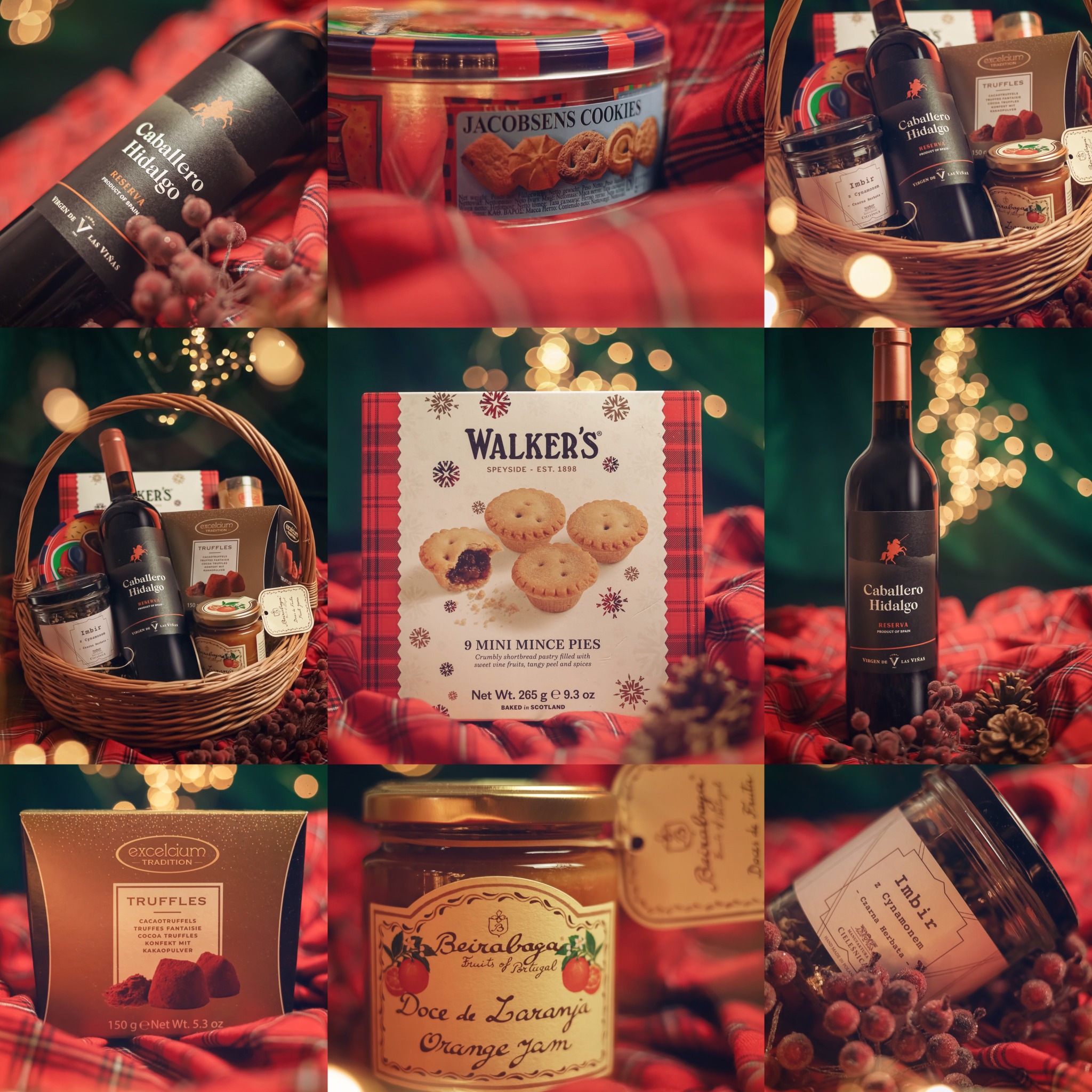 Kolaż dziewięciu zdjęć prezentujących świąteczne upominki: wino Caballero Hidalgo, pudełka ciastek Jacobsen's i Walker's, trufle Excelcium, dżem pomarańczowy Beirabaga i słoik imbiru z cynamonem...