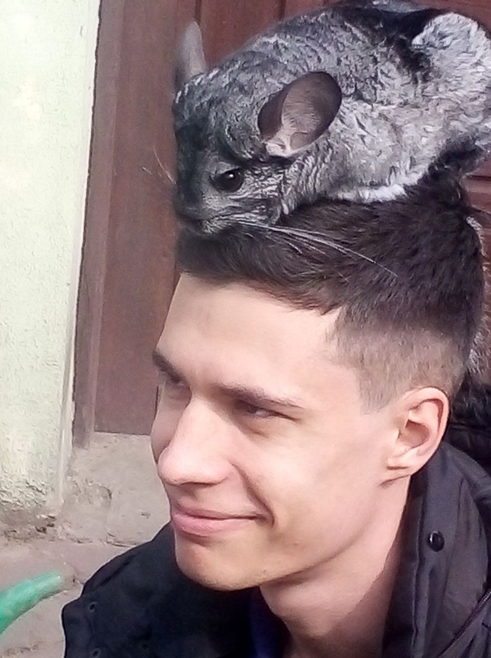 Uśmiechnięty mężczyzna z szynszylą siedzącą na głowie, na zewnątrz przy ścianie budynku.