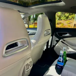 Wnętrze luksusowego samochodu z jasną skórzaną tapicerką, widok z tyłu, panoramiczny dach z widokiem na drzewa, butelki wody w uchwycie.