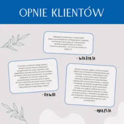 Grafika prezentująca pozytywne opinie klientów o zajęciach z matematyki, z cytatami Wiktorii, Dawida i Marysi na jasnym tle z delikatnymi zielonymi zdobieniami.