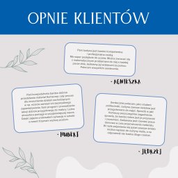 KorMatJus Korepetycje z Matematyki Justyna Dygulska - Grafika z pozytywnymi opiniami klientów o korepetycjach z matematyki, zawierająca cytaty od Agnieszki, Huberta i Jędrzeja, umieszczone w zaokrąglonych ramkach na jasnym tle z elementami graficznymi...