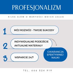 KorMatJus Korepetycje z Matematyki Justyna Dygulska - Grafika z hasłem 'Profesjonalizm' i trzema punktami: 'Mój rozwój - Twoje sukcesy', 'Indywidualne podejście, aktualne materiały', 'Wsparcie 24/7', oraz 'Gwarancja efektywnej nauki' i numerem telefonu.