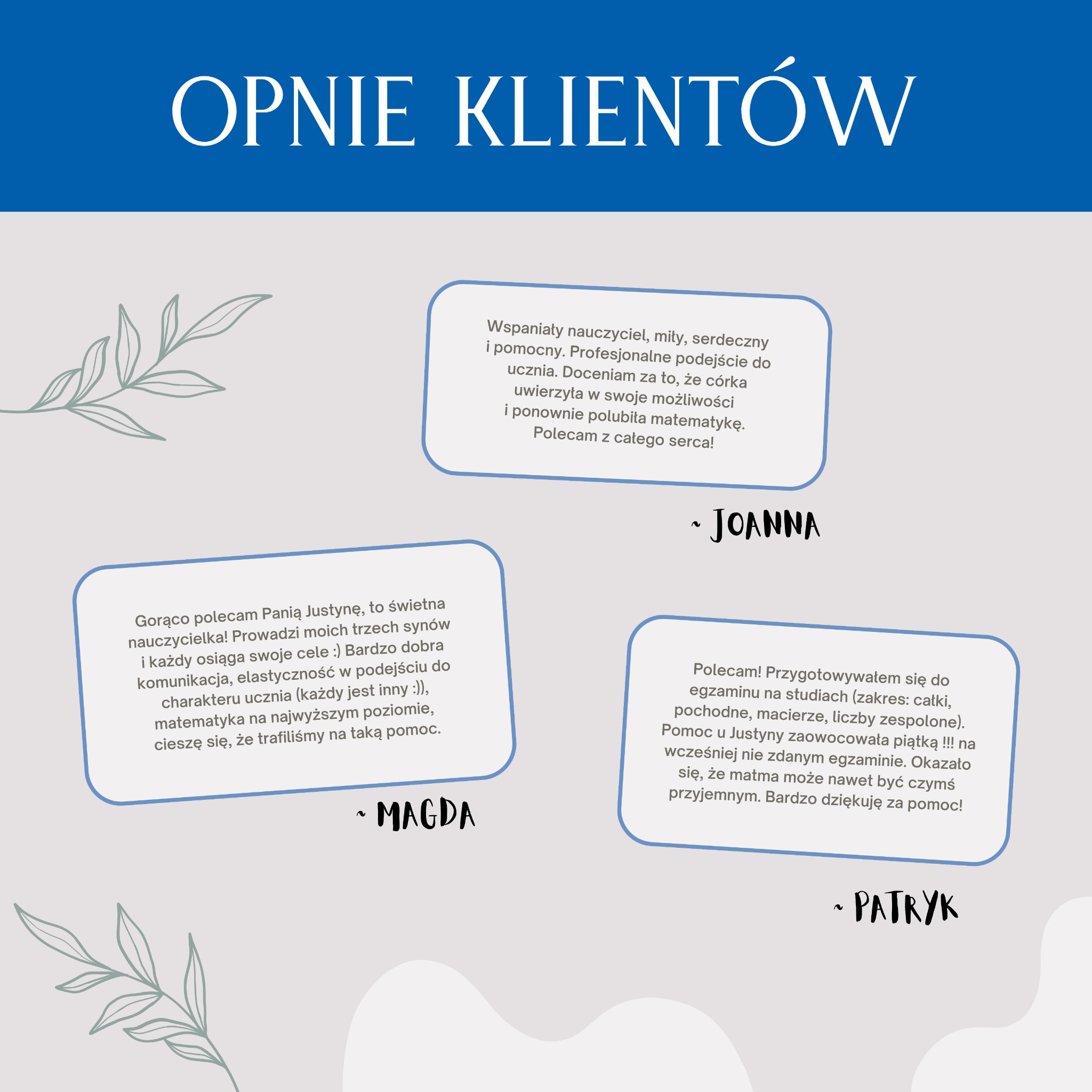 Grafika z opiniami klientów o korepetycjach z matematyki, zawierająca pochlebne recenzje od Joanny, Magdy i Patryka, z elementami graficznymi w postaci liści.